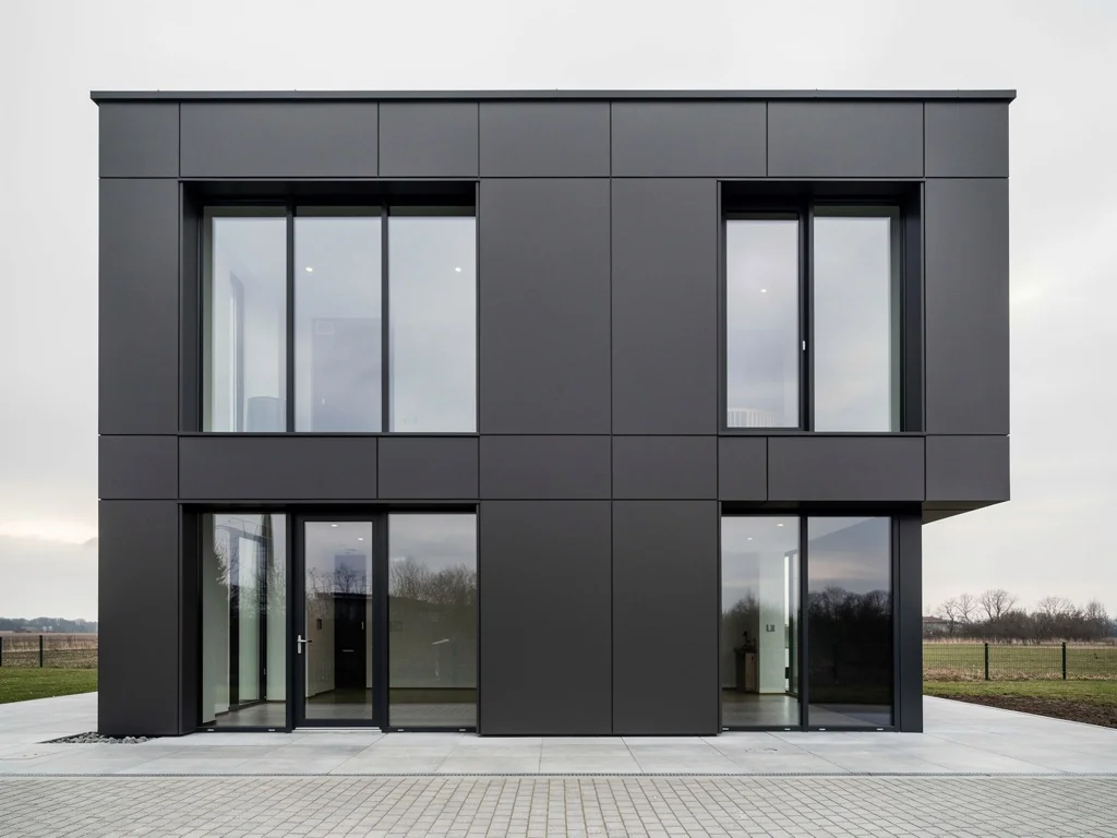 Maison contemporaine habillée de panneaux composites gris anthracite sur isolation extérieure