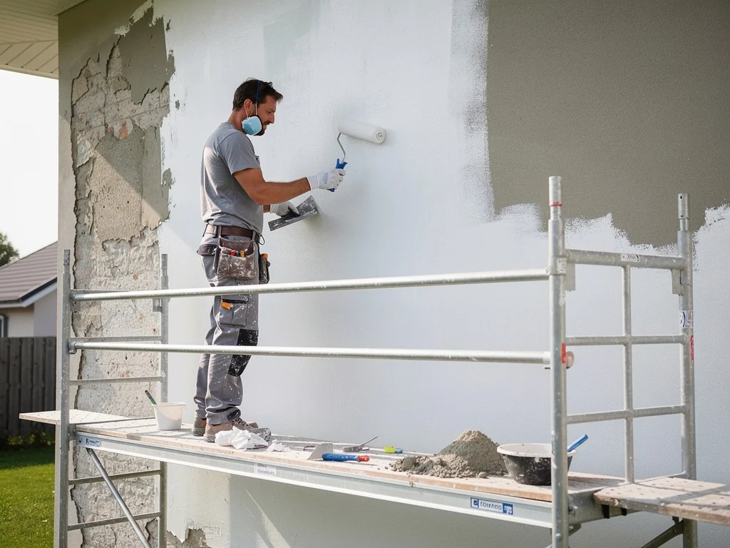 Applicateur passant l'enduit de finition et la peinture au rouleau sur la façade